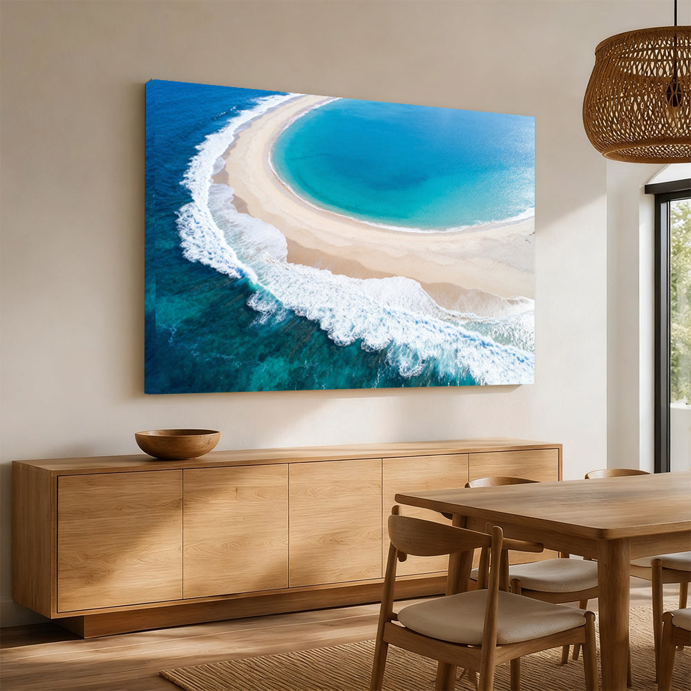 Crescent Cove Surf canvas wall art, angled mockup above a sideboard.