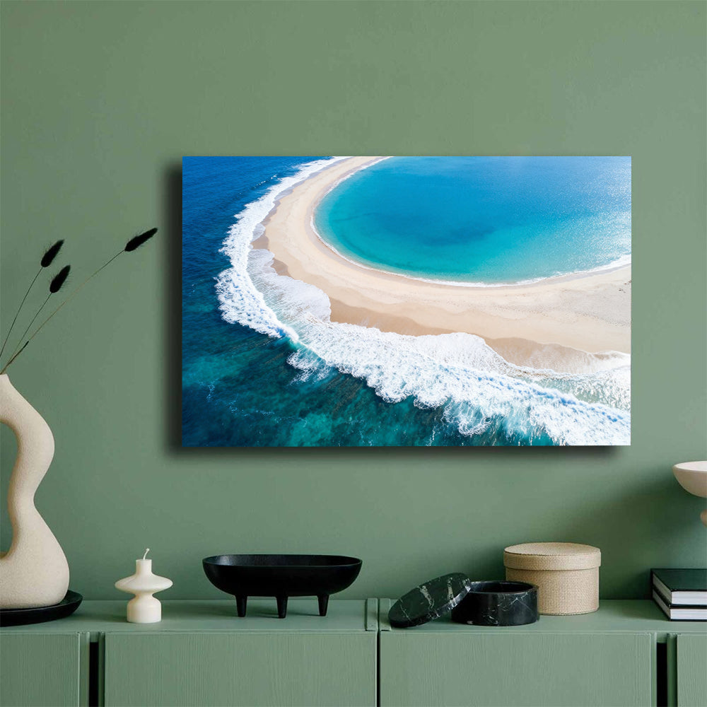Crescent Cove Surf canvas wall art, mockup on a green wall.