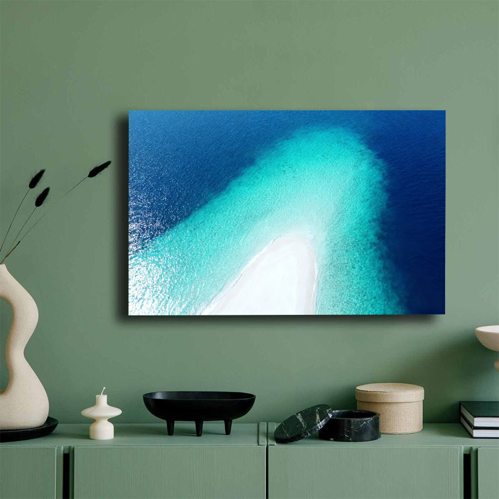 Sapphire Sandbar Point canvas wall art, mockup on a green wall.