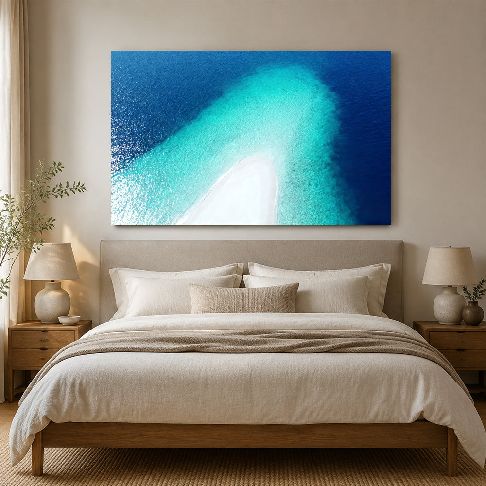Sapphire Sandbar Point canvas wall art, bedroom mockup above a bed.