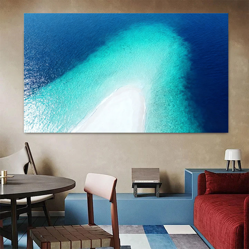 Sapphire Sandbar Point canvas wall art, colorful room mockup.