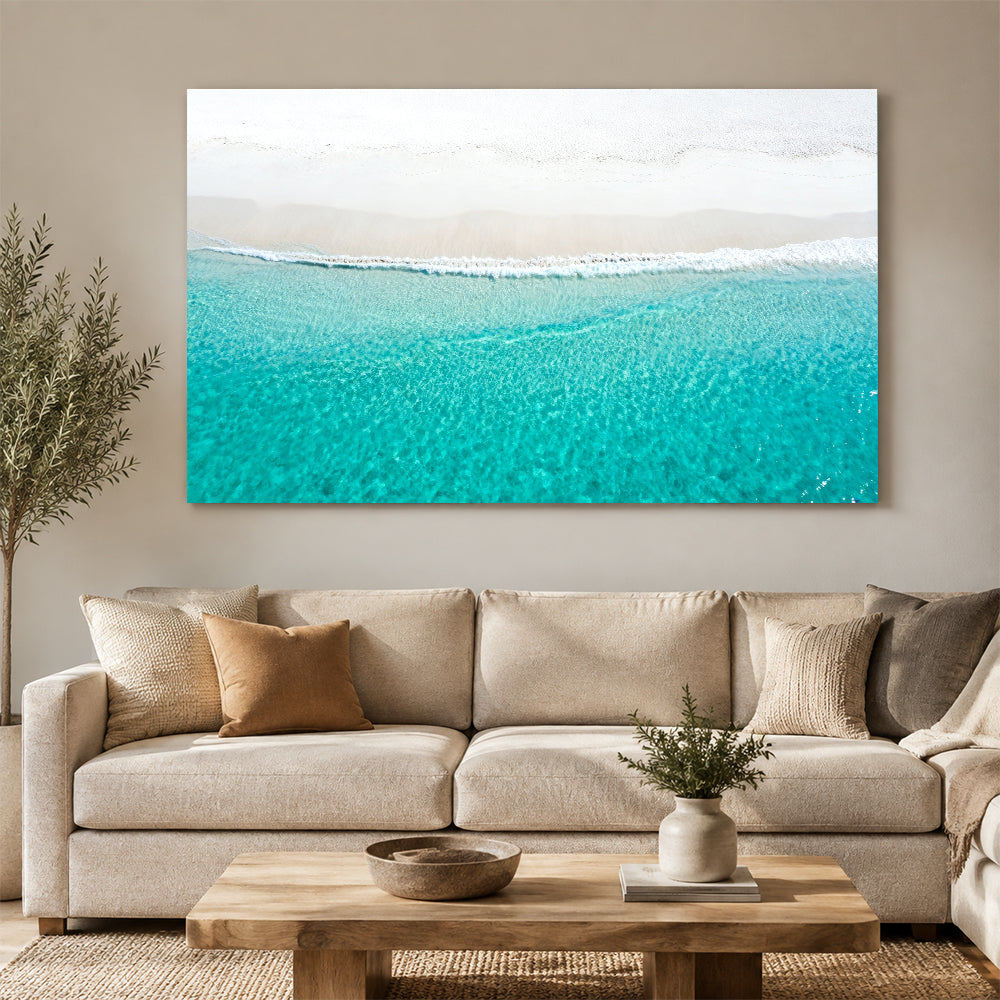 White Sand Waterline canvas wall art, living room mockup above a sofa.