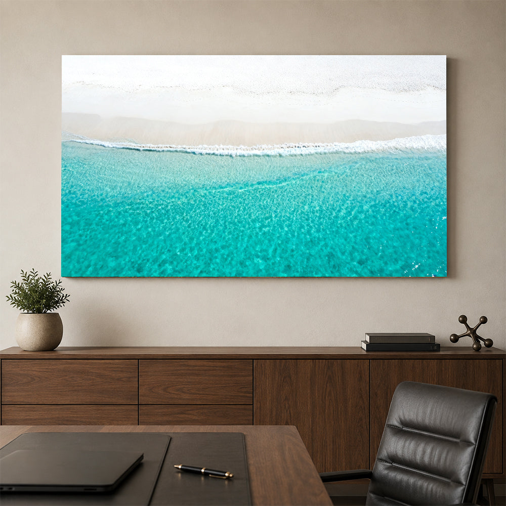 White Sand Waterline canvas wall art, office mockup above a desk.