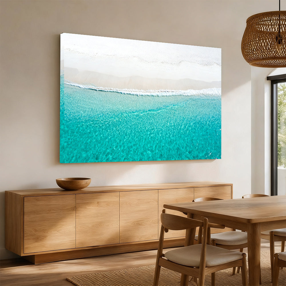 White Sand Waterline canvas wall art, angled mockup above a sideboard.
