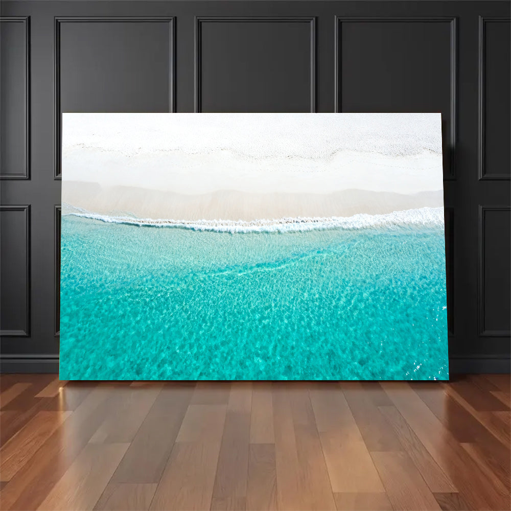 White Sand Waterline canvas wall art, floor display against a dark wall.