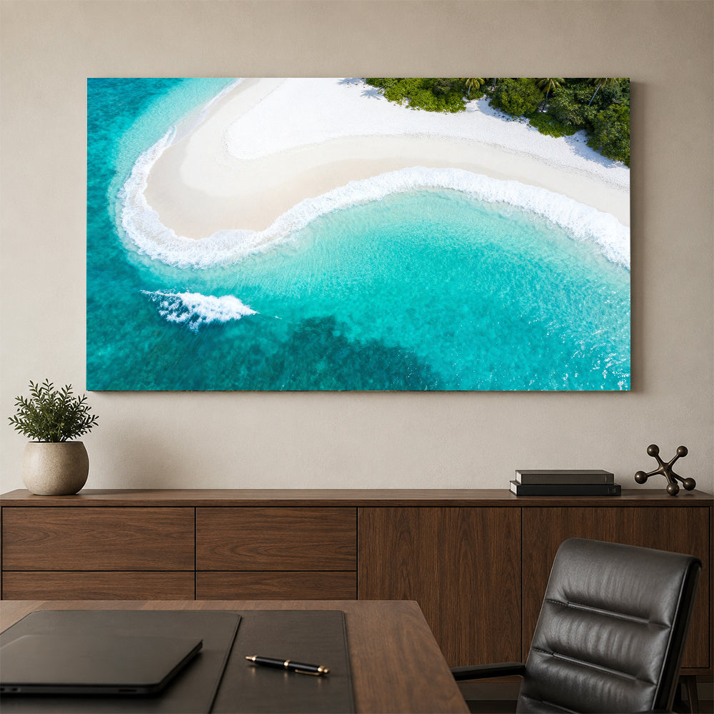 Emerald Beach Curve canvas wall art, office mockup above a desk.