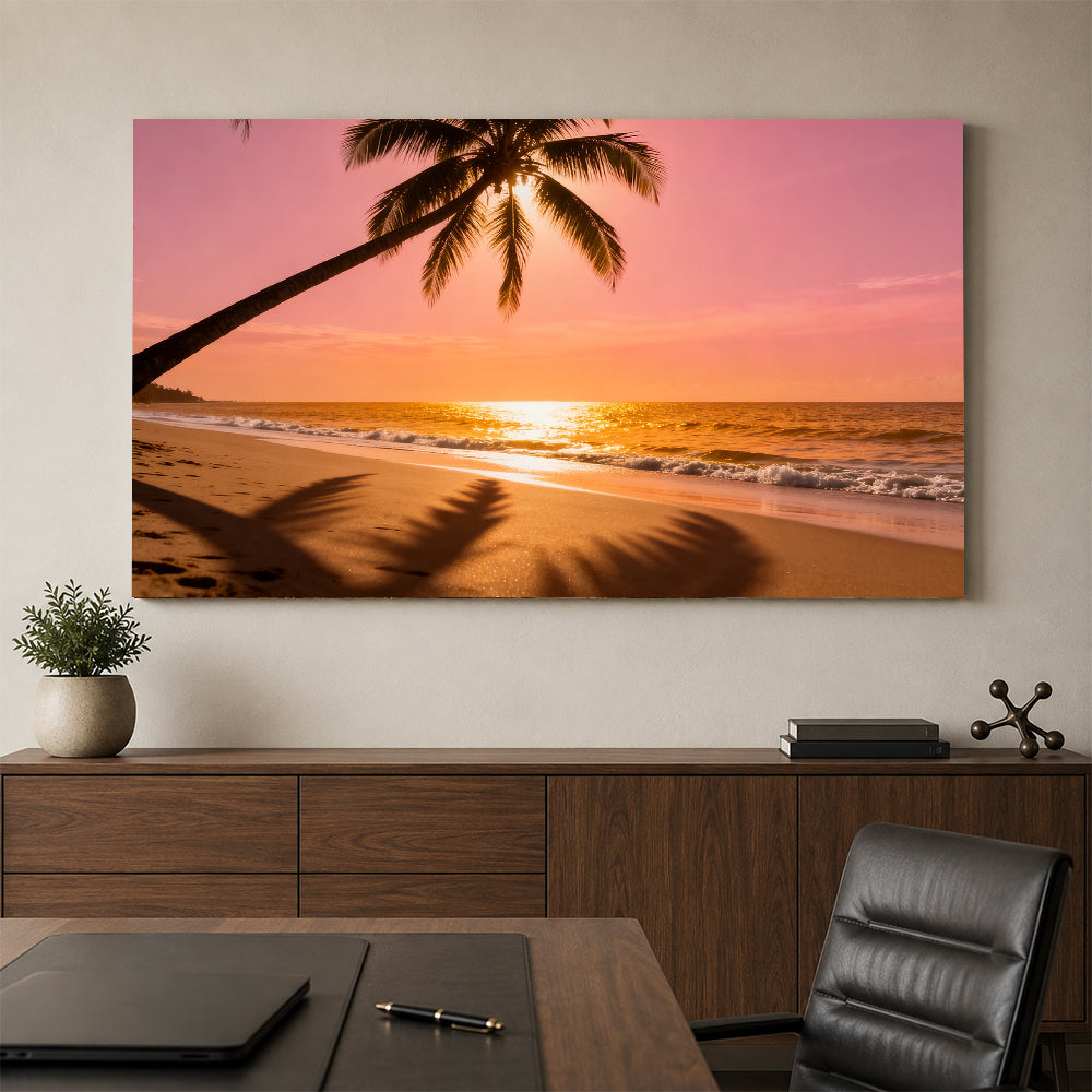 Sunset Palm Shadows canvas wall art, office mockup above a desk.