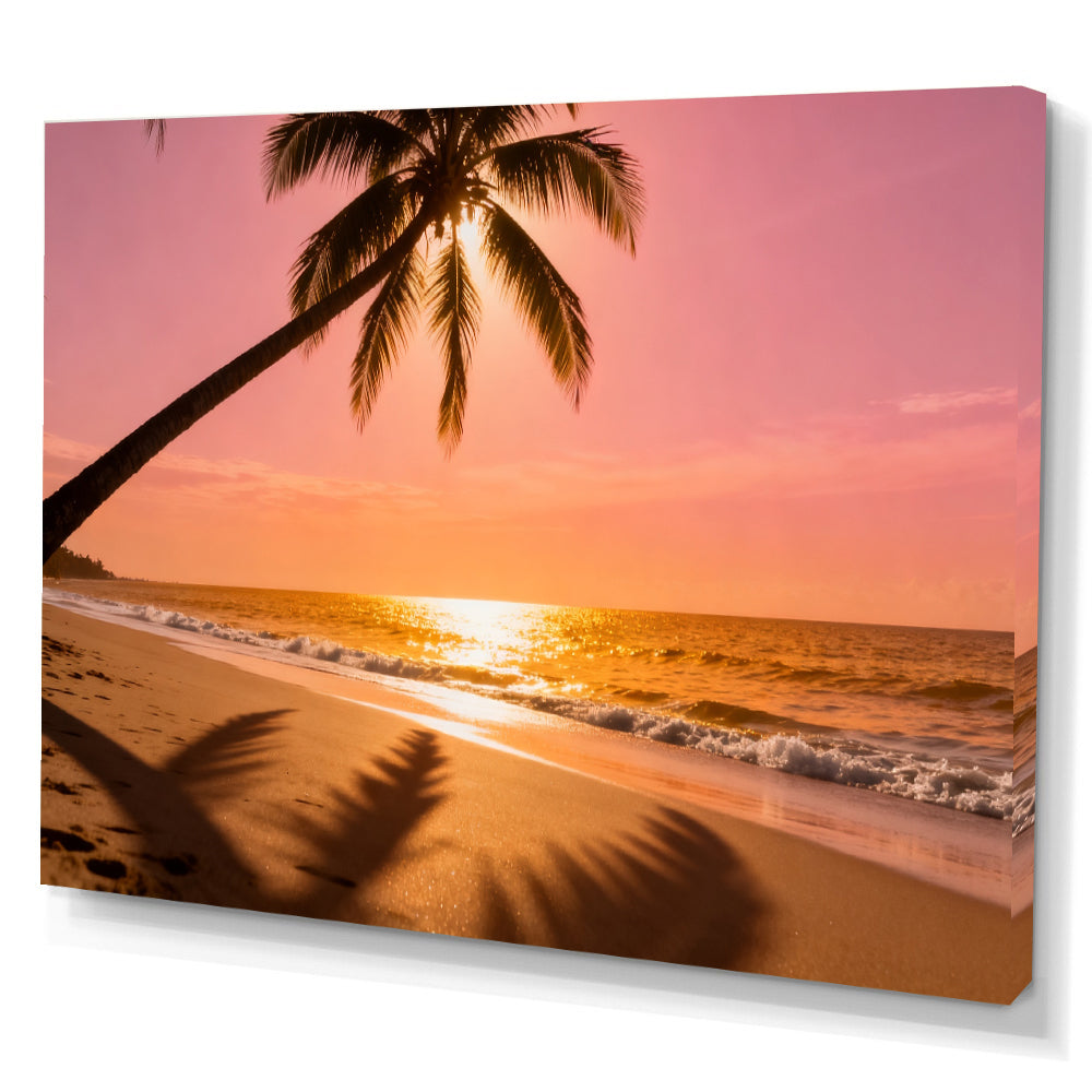 Sunset Palm Shadows canvas wall art, angled canvas mockup on a white background.