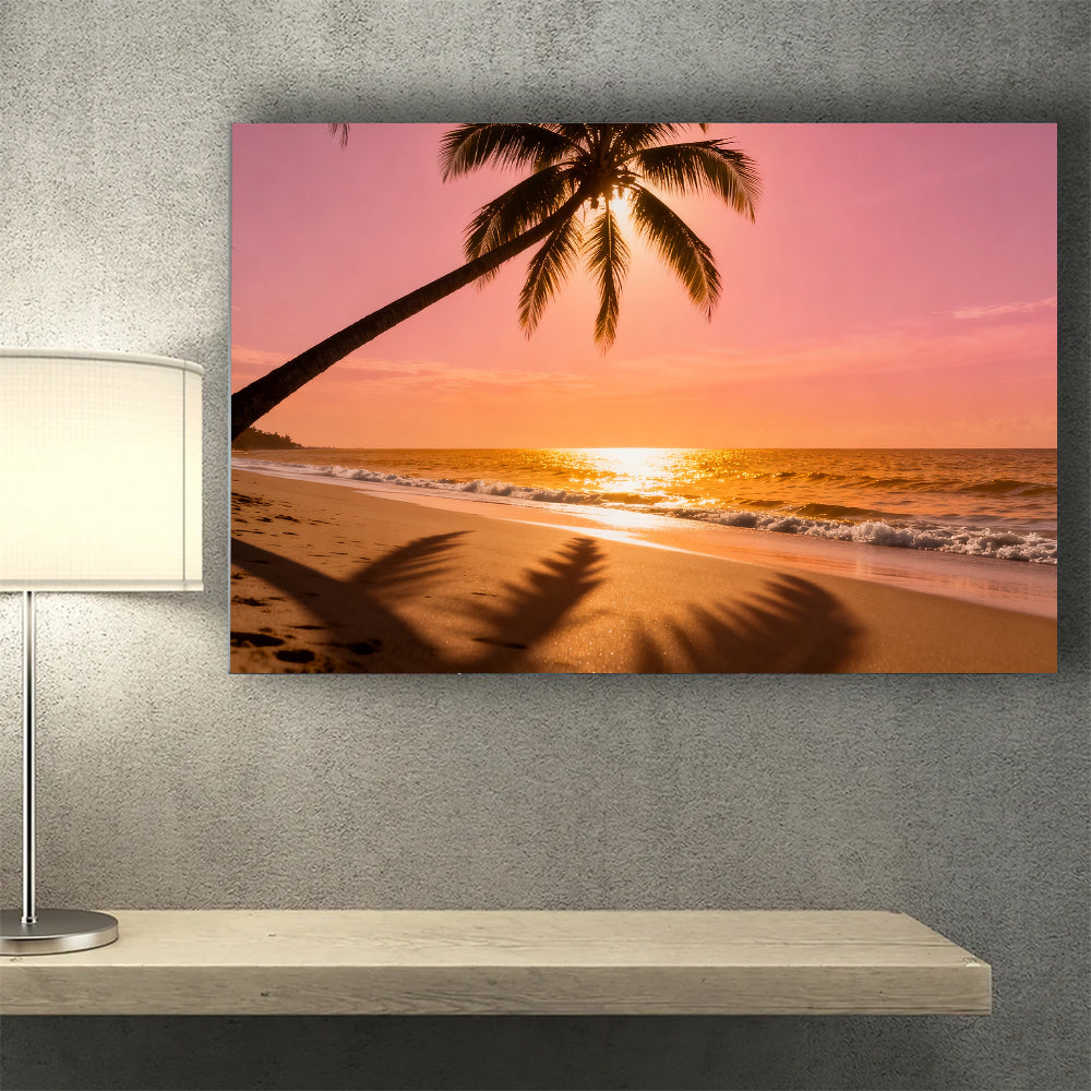 Sunset Palm Shadows canvas wall art, wall mockup above a console.