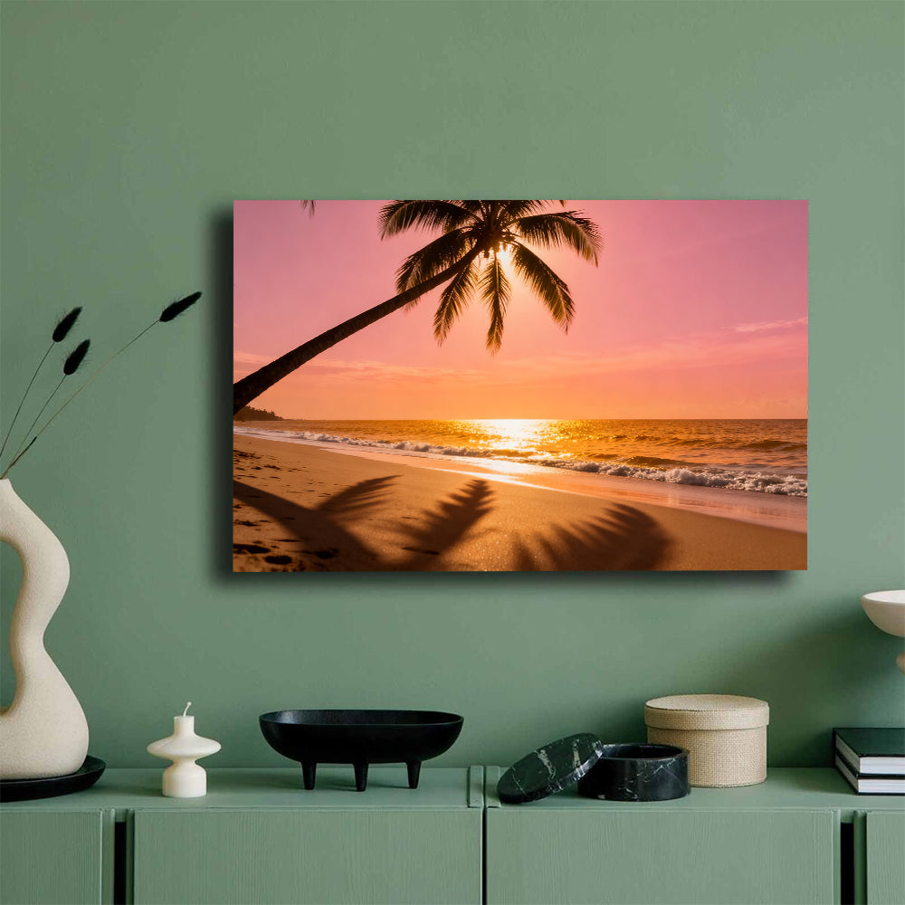 Sunset Palm Shadows canvas wall art, mockup on a green wall.