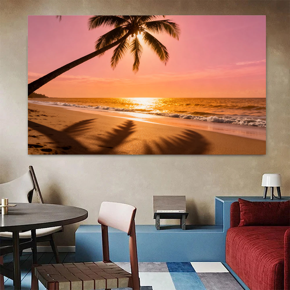 Sunset Palm Shadows canvas wall art, colorful room mockup.