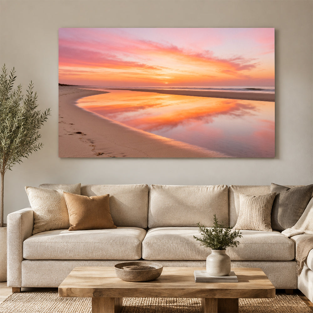 Peach Sky Reflection canvas wall art, living room mockup above a sofa.