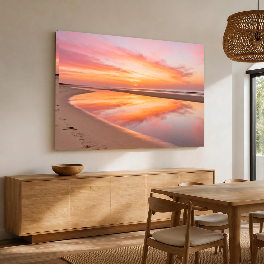 Peach Sky Reflection canvas wall art, angled mockup above a sideboard.