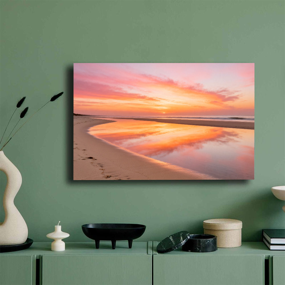 Peach Sky Reflection canvas wall art, mockup on a green wall.