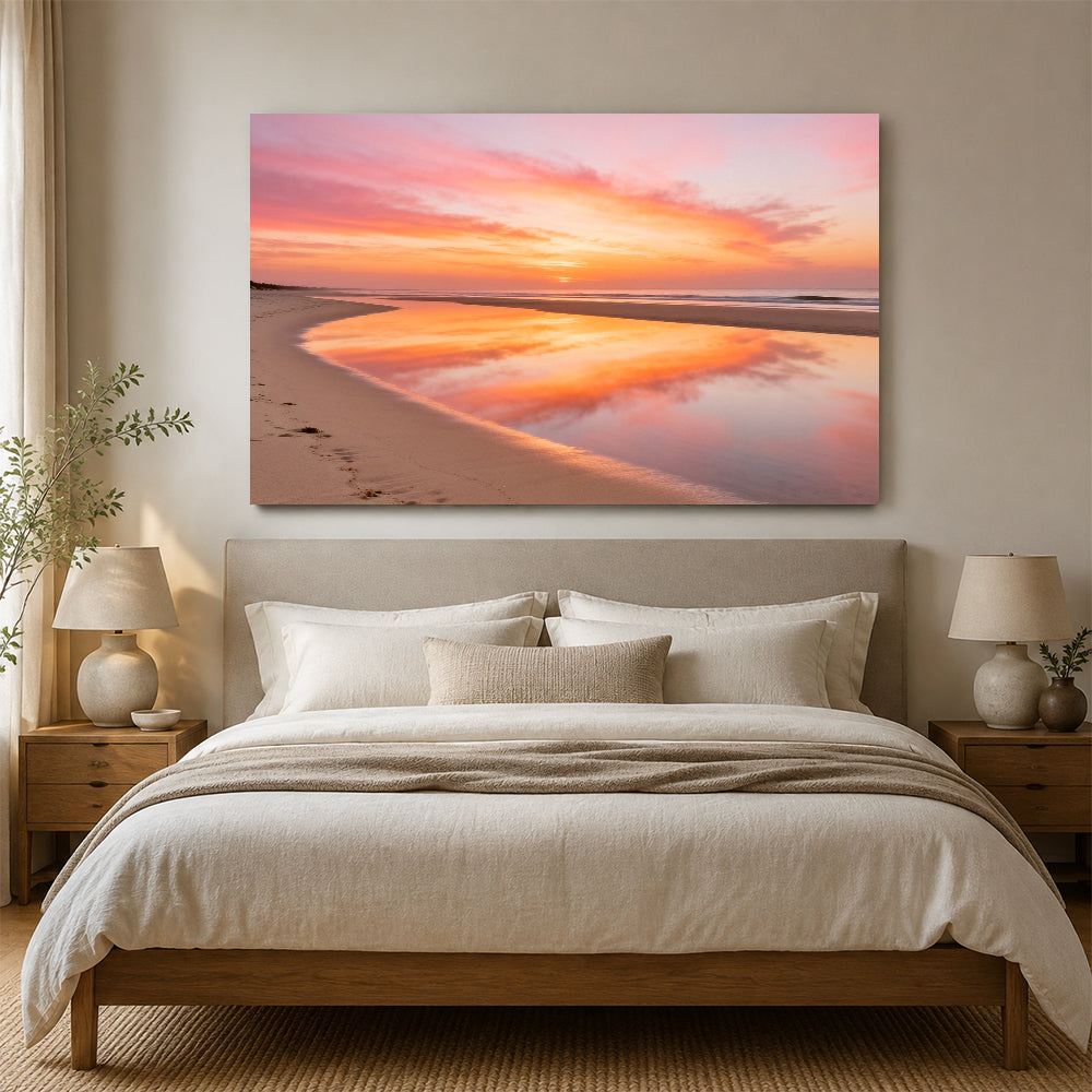 Peach Sky Reflection canvas wall art, bedroom mockup above a bed.