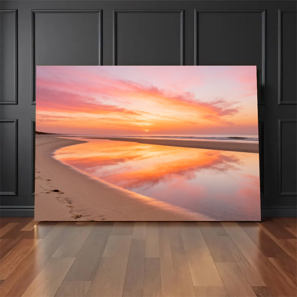 Peach Sky Reflection canvas wall art, floor display against a dark wall.