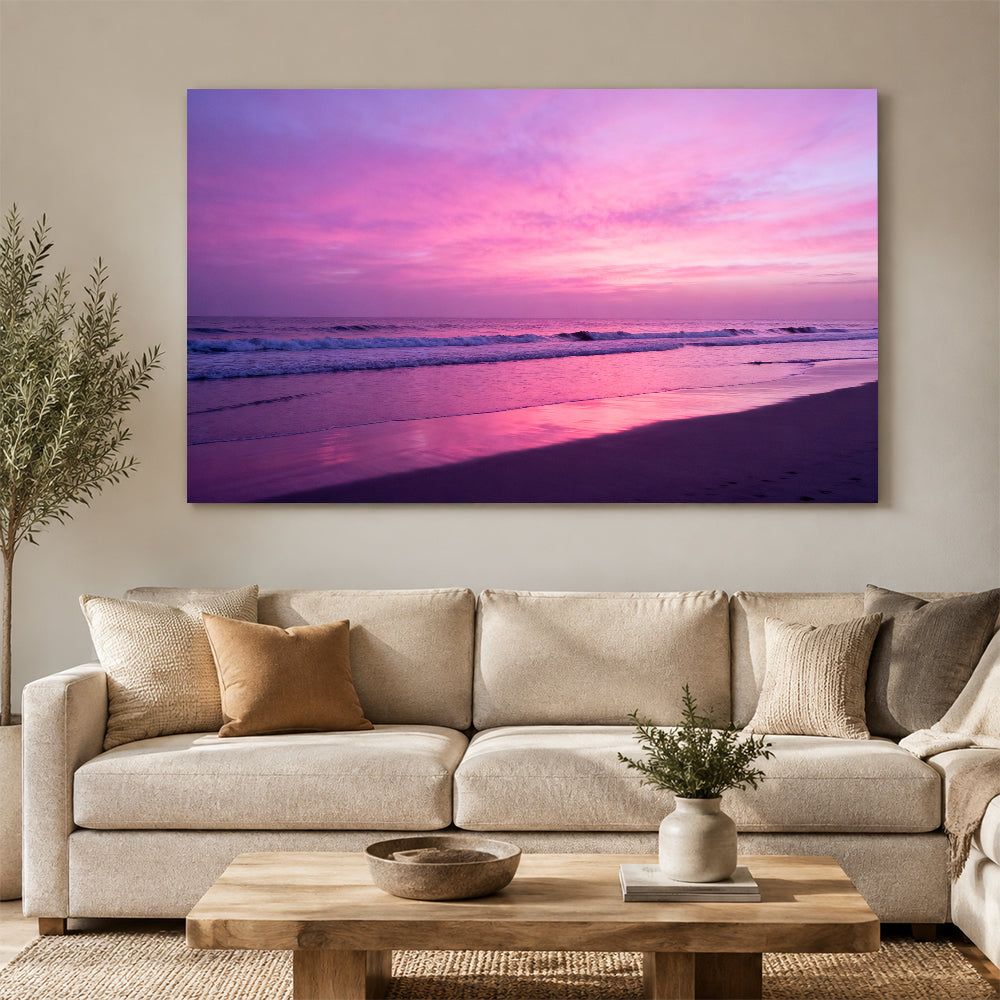 Violet Evening Tide canvas wall art, living room mockup above a sofa.