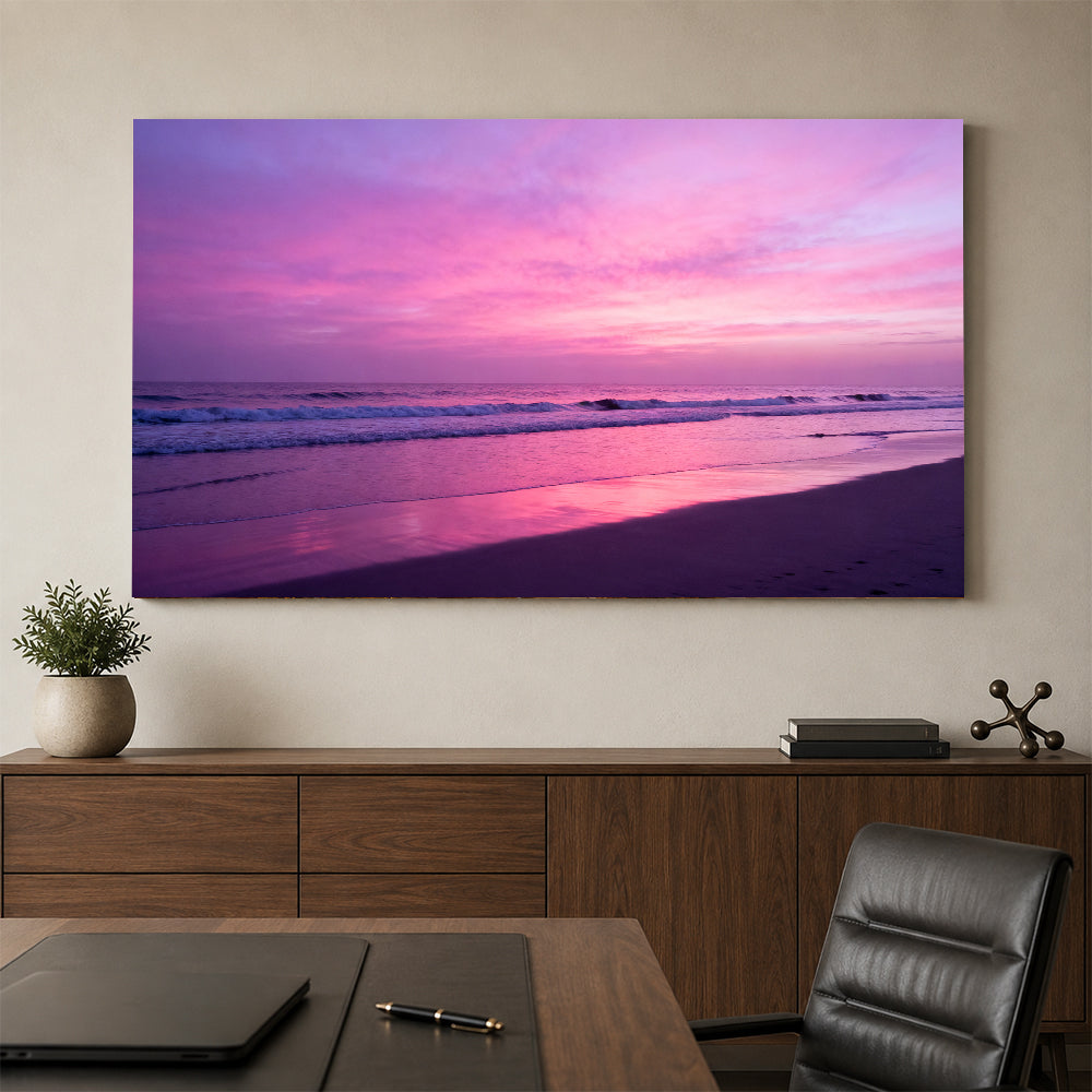 Violet Evening Tide canvas wall art, office mockup above a desk.