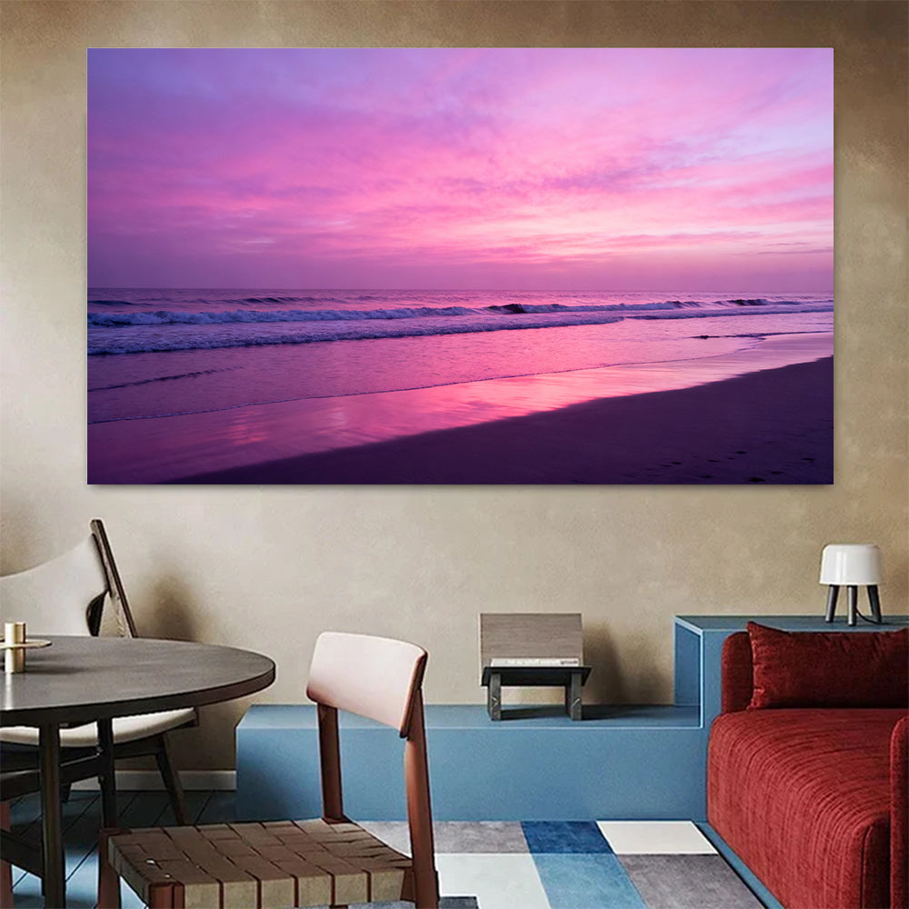 Violet Evening Tide canvas wall art, colorful room mockup.