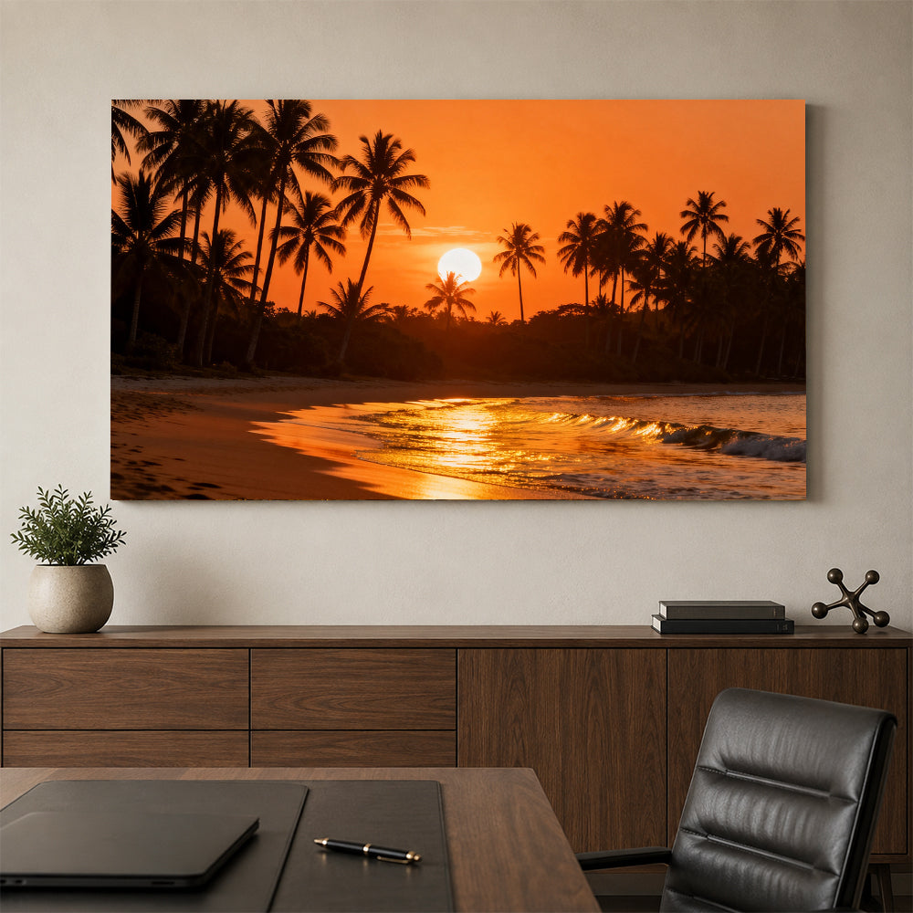 Amber Palm Cove canvas wall art, office mockup above a desk.