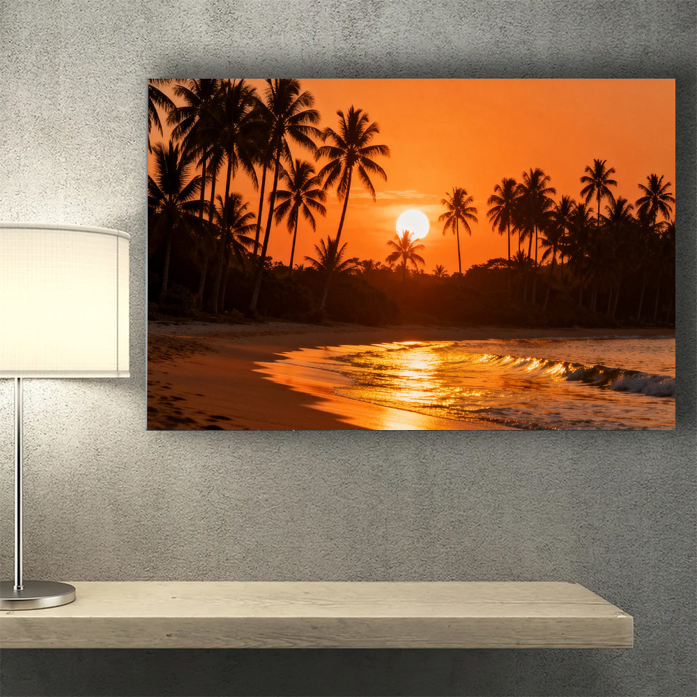 Amber Palm Cove canvas wall art, wall mockup above a console.