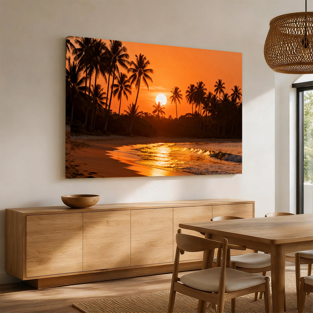 Amber Palm Cove canvas wall art, angled mockup above a sideboard.