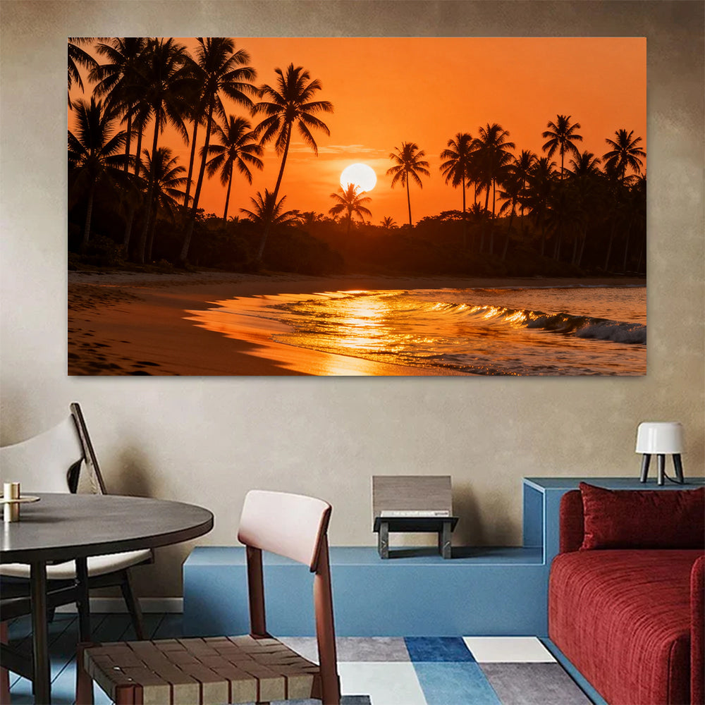 Amber Palm Cove canvas wall art, colorful room mockup.