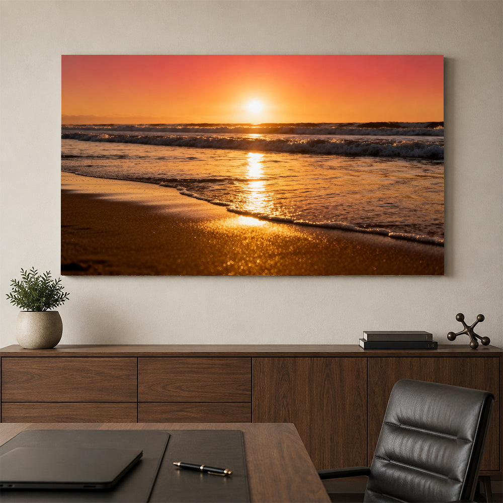 Golden Surf Reflection canvas wall art, office mockup above a desk.
