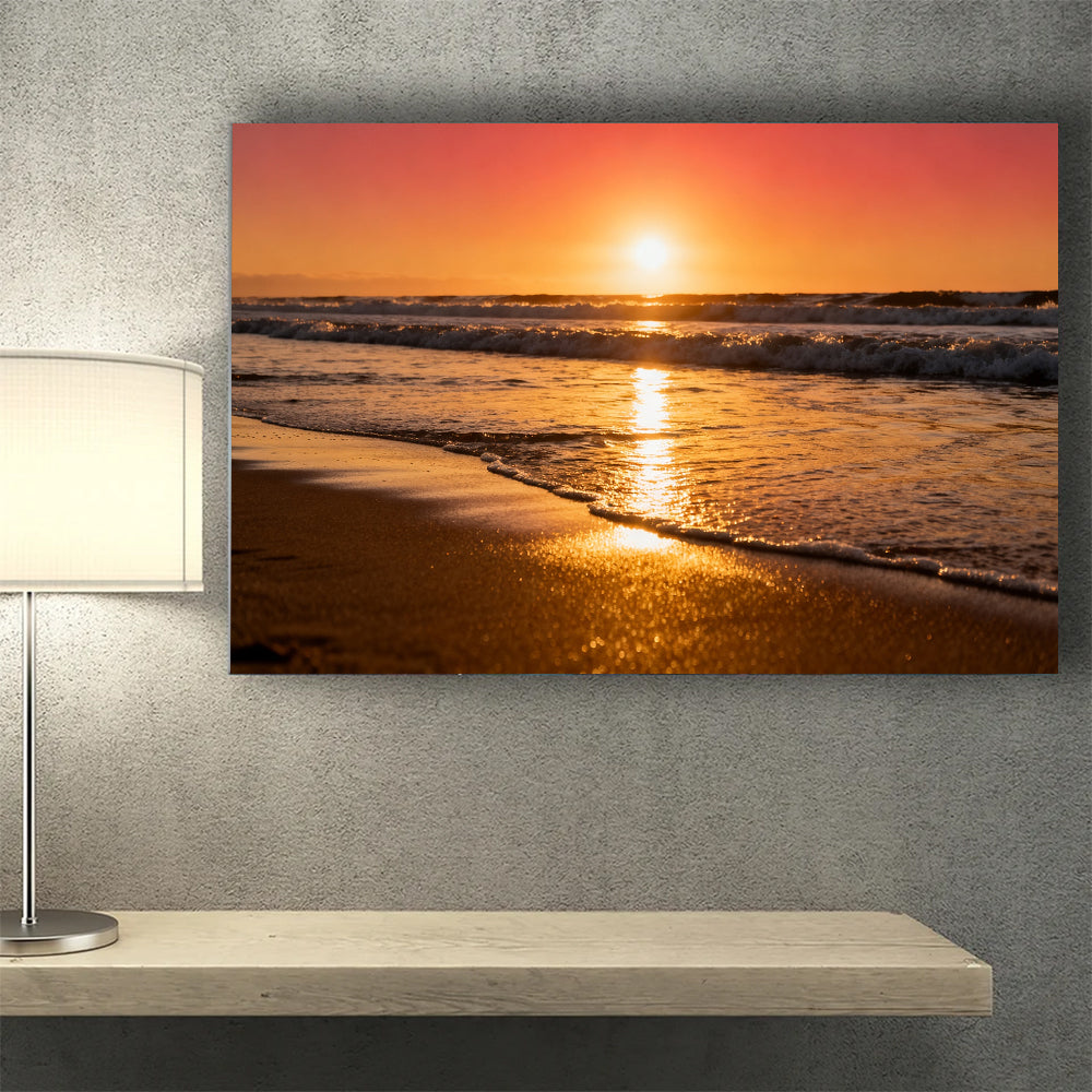 Golden Surf Reflection canvas wall art, wall mockup above a console.
