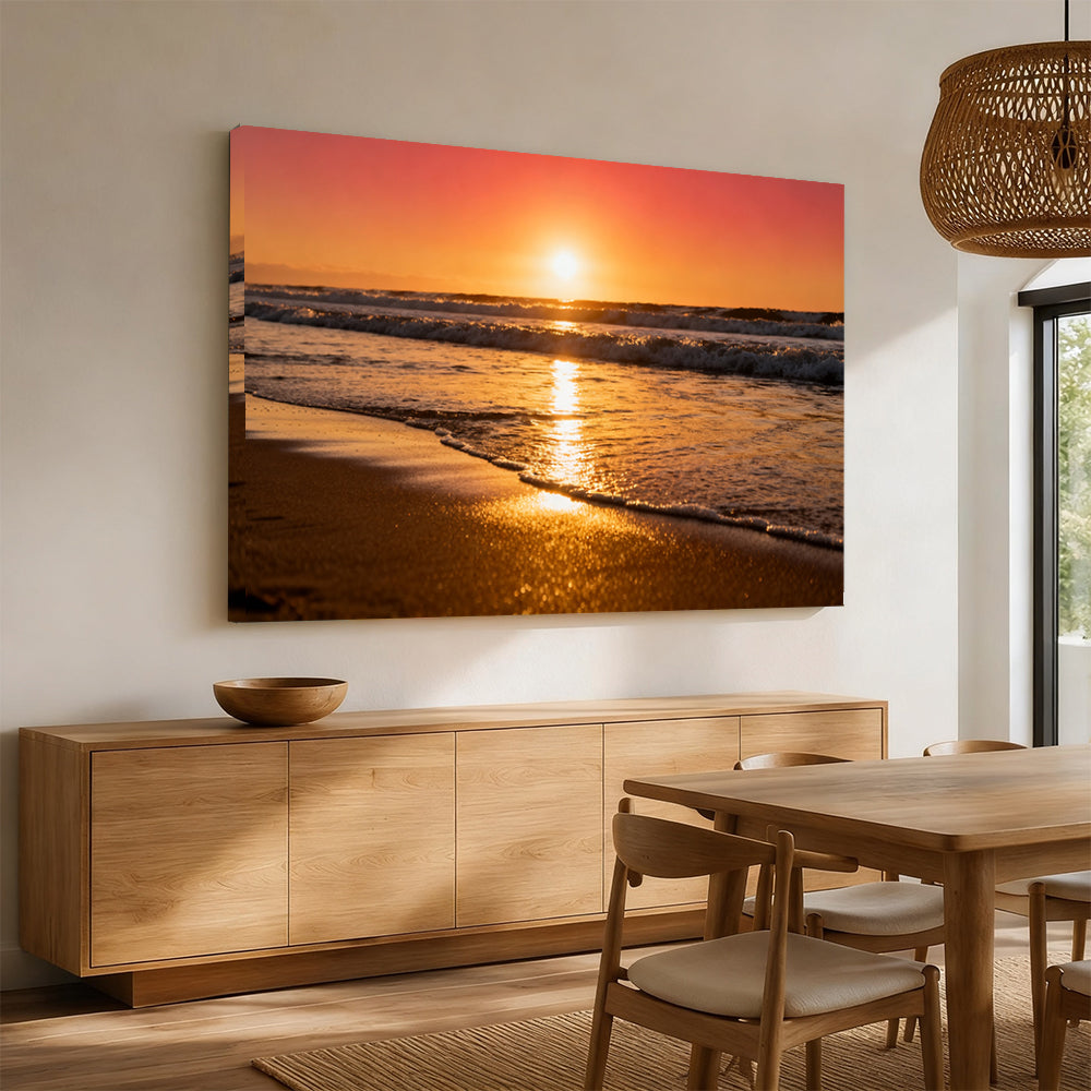 Golden Surf Reflection canvas wall art, angled mockup above a sideboard.