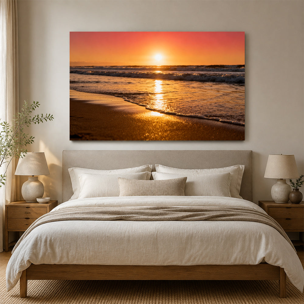 Golden Surf Reflection canvas wall art, bedroom mockup above a bed.