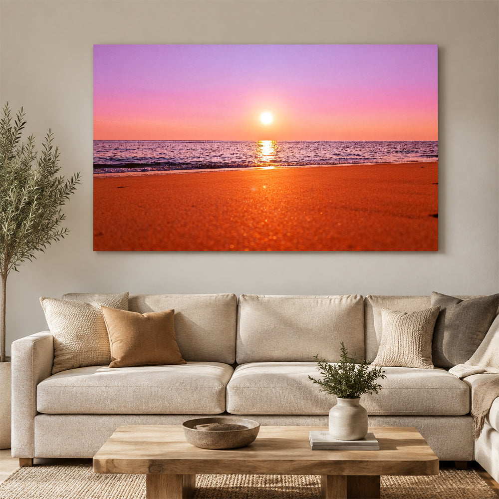 Rose Gold Sea canvas wall art, living room mockup above a sofa.