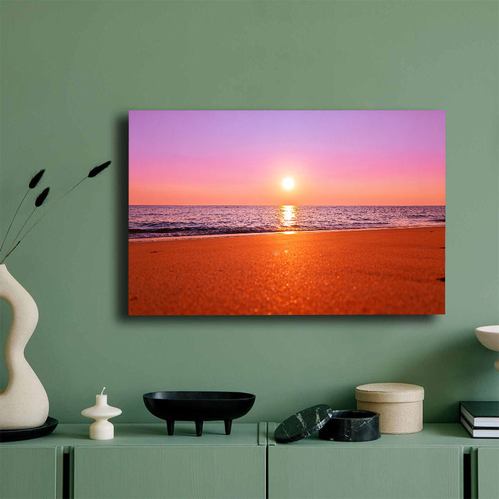 Rose Gold Sea canvas wall art, mockup on a green wall.