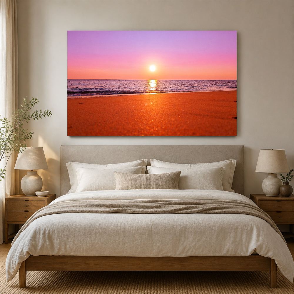 Rose Gold Sea canvas wall art, bedroom mockup above a bed.