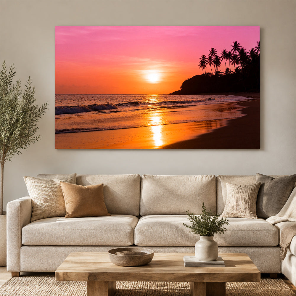 Coral Sunset Headland canvas wall art, living room mockup above a sofa.