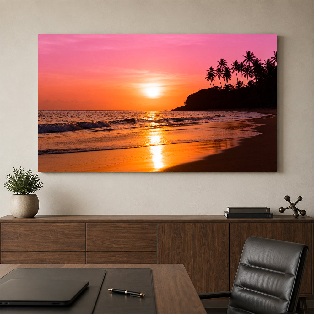 Coral Sunset Headland canvas wall art, office mockup above a desk.