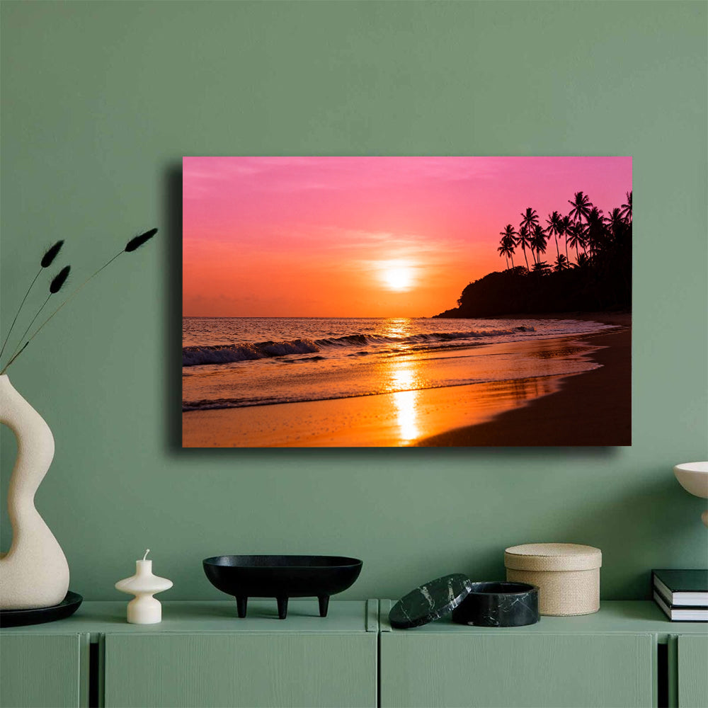 Coral Sunset Headland canvas wall art, mockup on a green wall.
