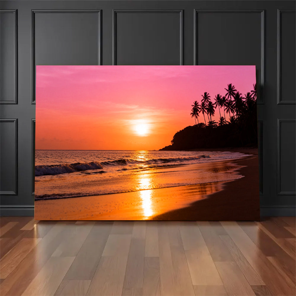 Coral Sunset Headland canvas wall art, floor display against a dark wall.