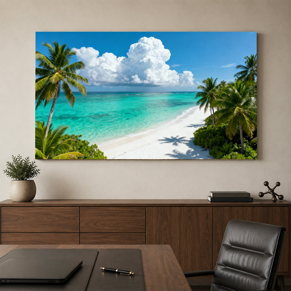 Tropical Cloud Lagoon canvas wall art, office mockup above a desk.