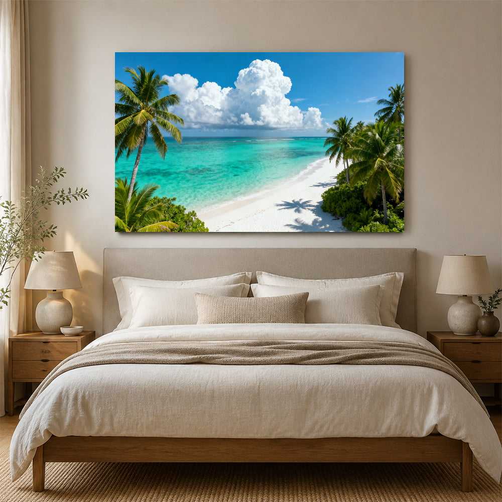 Tropical Cloud Lagoon canvas wall art, bedroom mockup above a bed.