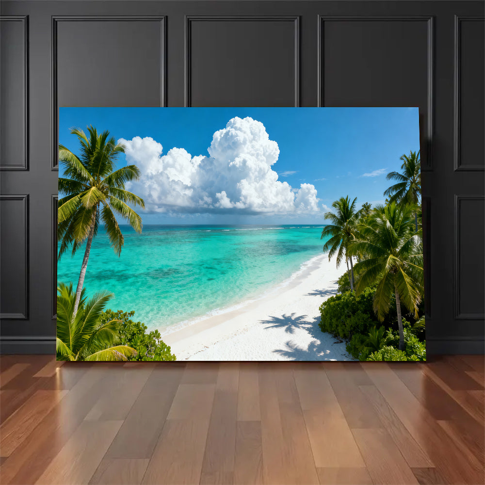 Tropical Cloud Lagoon canvas wall art, floor display against a dark wall.