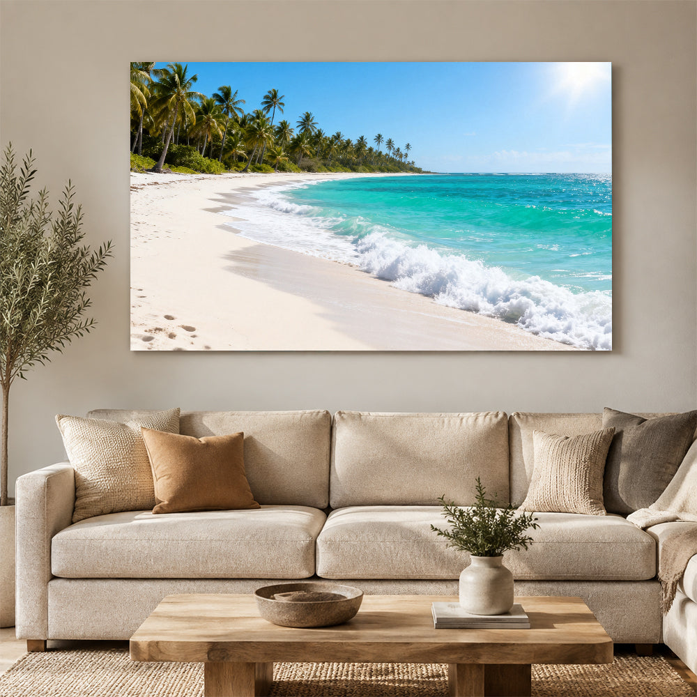 Palm Coast Breeze canvas wall art, living room mockup above a sofa.