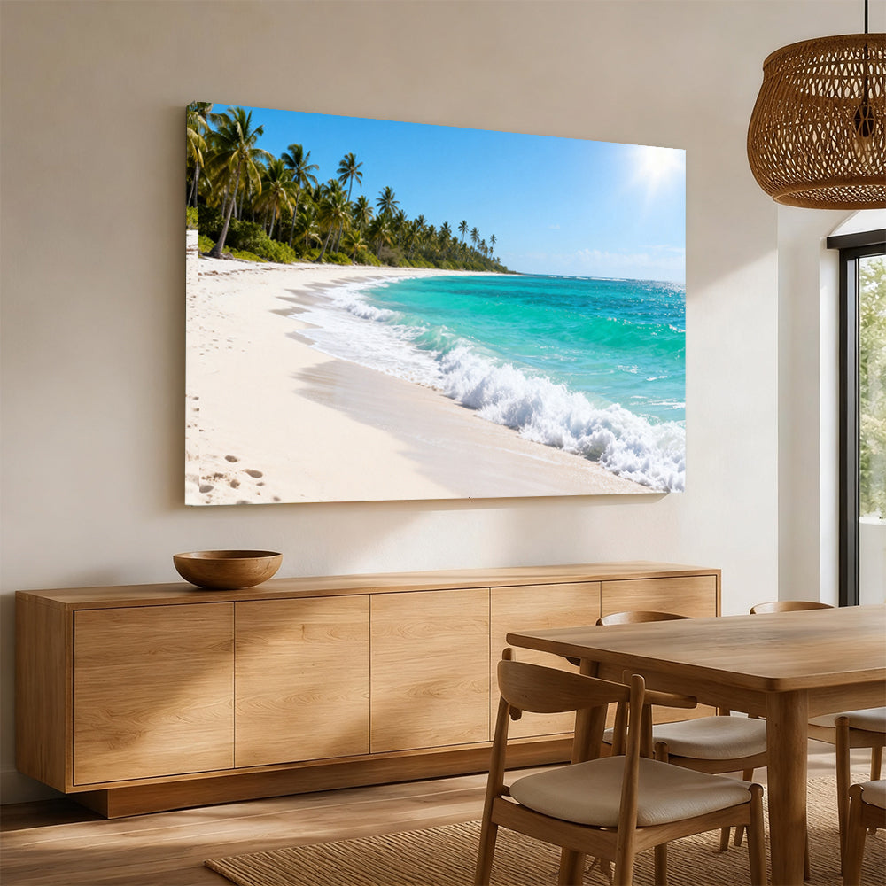 Palm Coast Breeze canvas wall art, angled mockup above a sideboard.