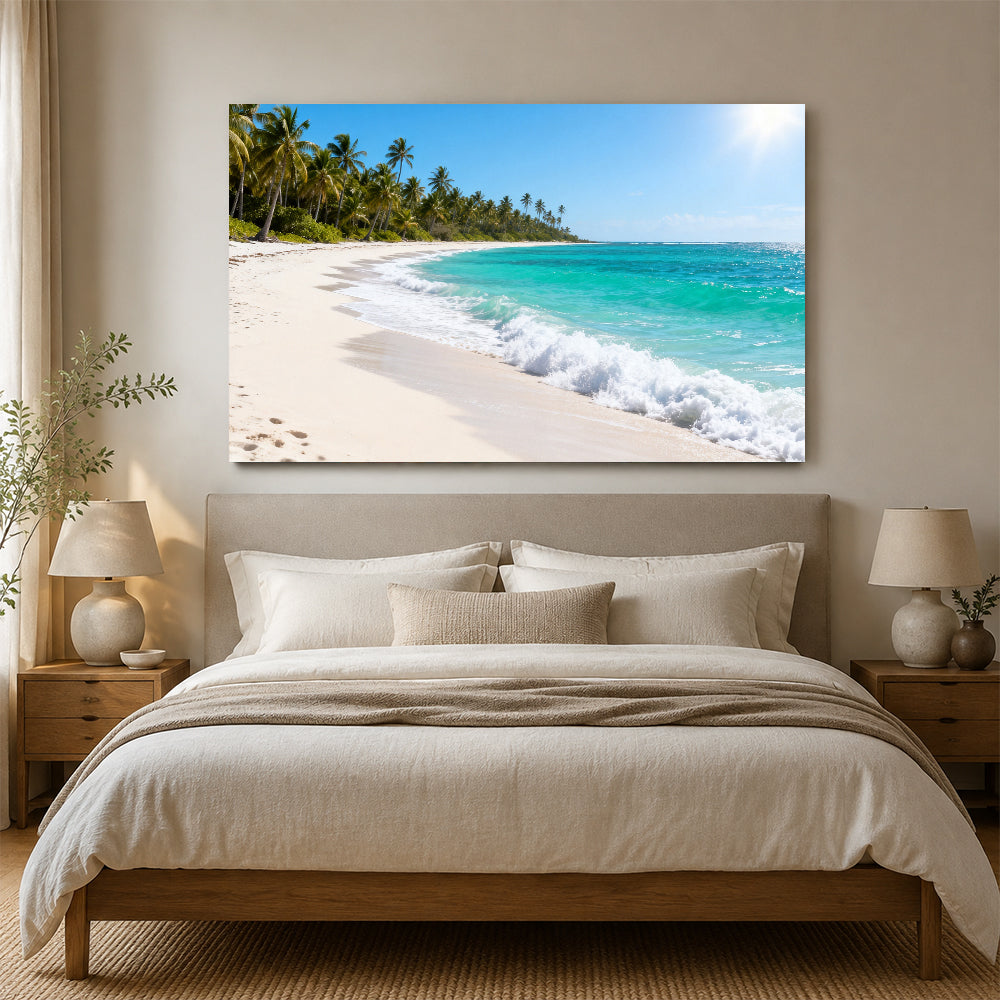 Palm Coast Breeze canvas wall art, bedroom mockup above a bed.