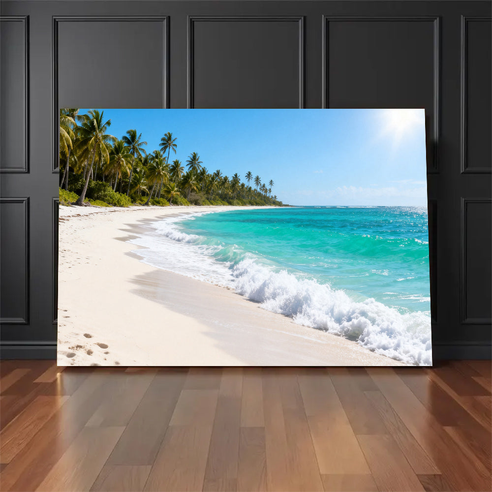 Palm Coast Breeze canvas wall art, floor display against a dark wall.