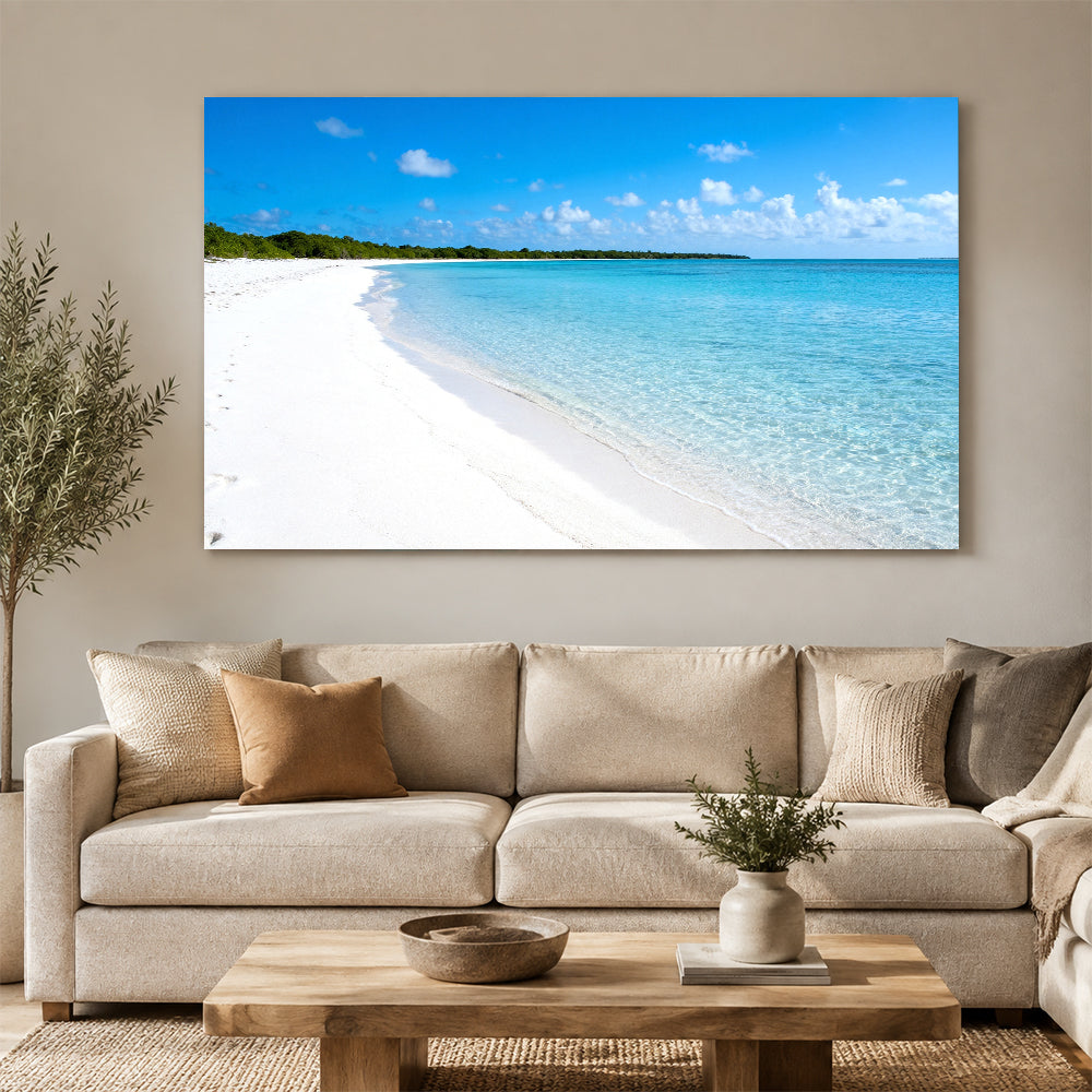 White Sand Stillness canvas wall art, living room mockup above a sofa.