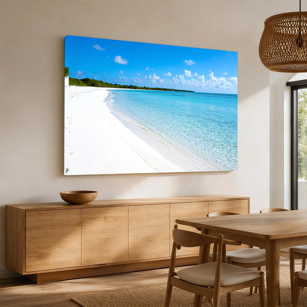 White Sand Stillness canvas wall art, angled mockup above a sideboard.