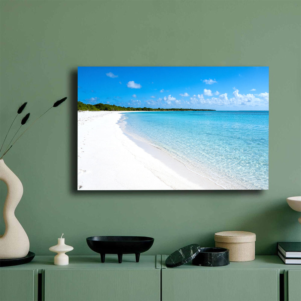 White Sand Stillness canvas wall art, mockup on a green wall.