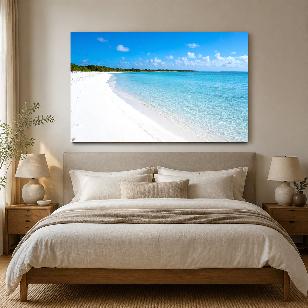 White Sand Stillness canvas wall art, bedroom mockup above a bed.