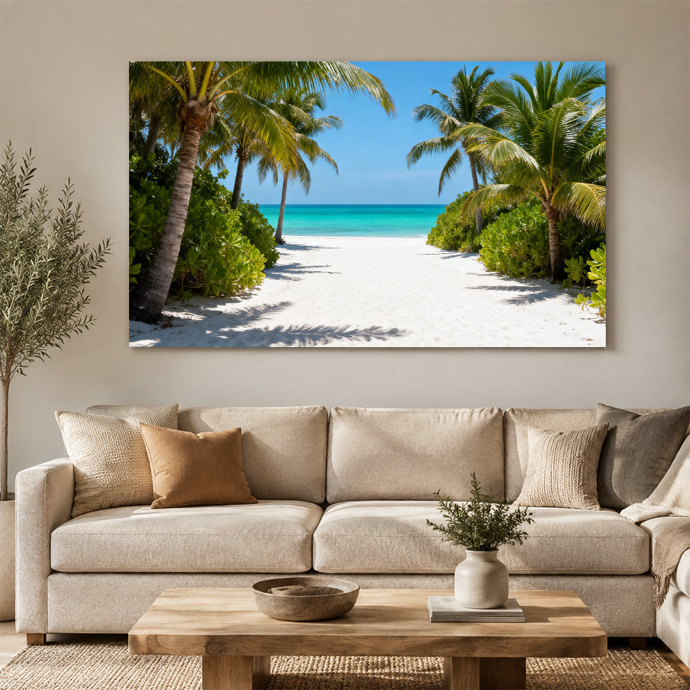Palm Path to the Sea canvas wall art, living room mockup above a sofa.